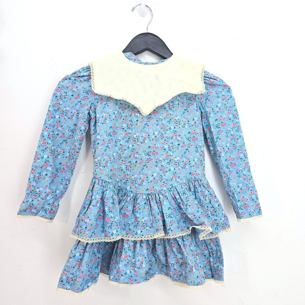 VTG 70's 80's Blue Floral Prairie Cottagecore Tiered Dress Girls Size 4/5